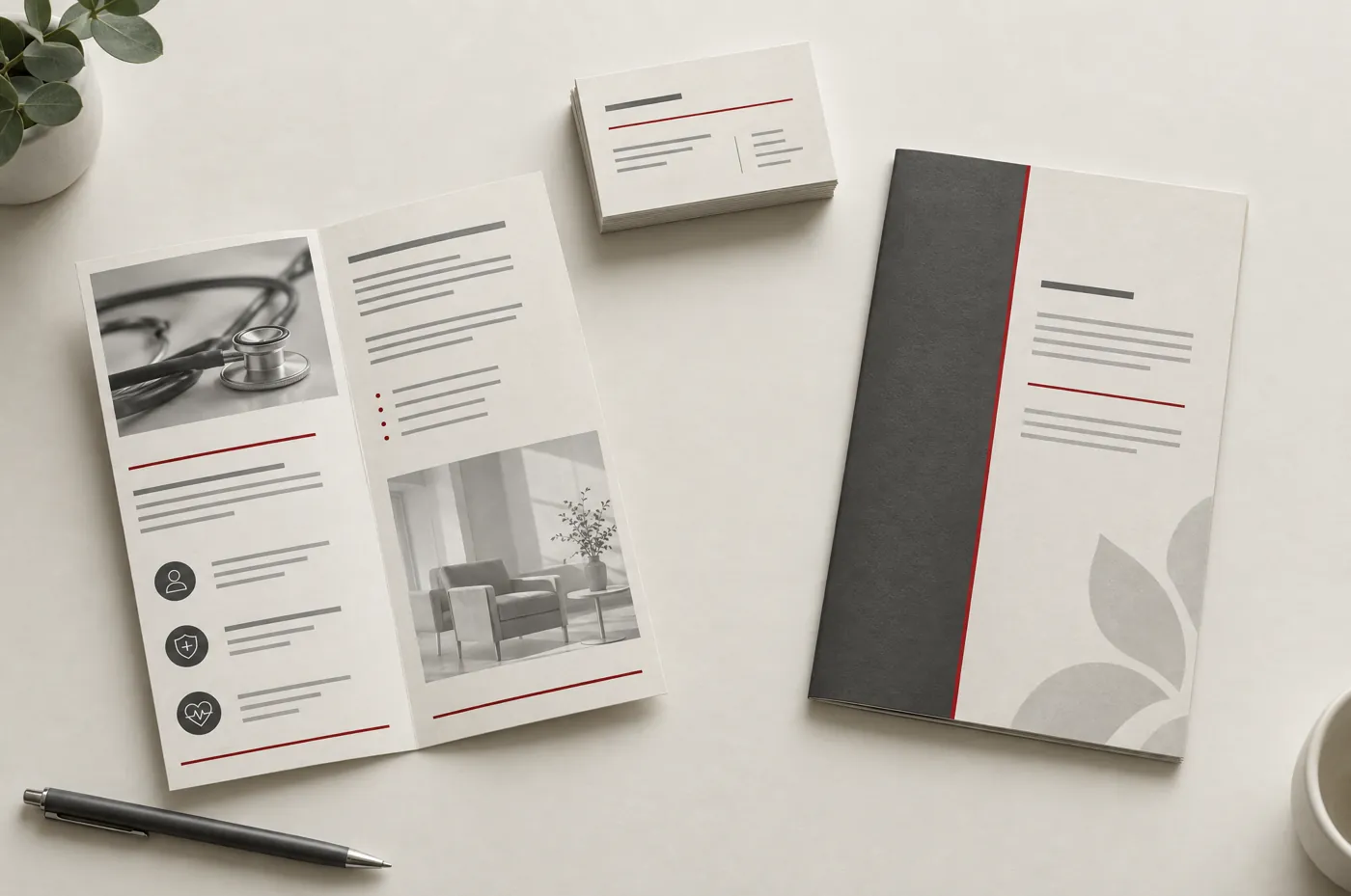 Printed referral material for a medical practice laid out on a table: a folded leaflet, cards and a slim booklet.
